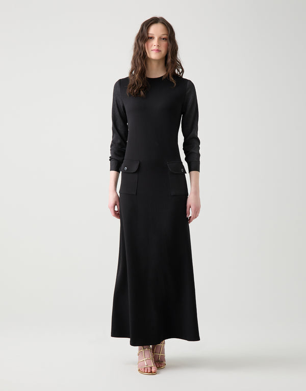 Jersey Maxi Dress with Tonal Patterned Satin Sleeves
