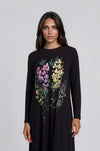 Black long-sleeve nightgown with a colorful watercolor floral print