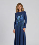 Long navy nightgown with long sleeves and a blue floral print across the front
