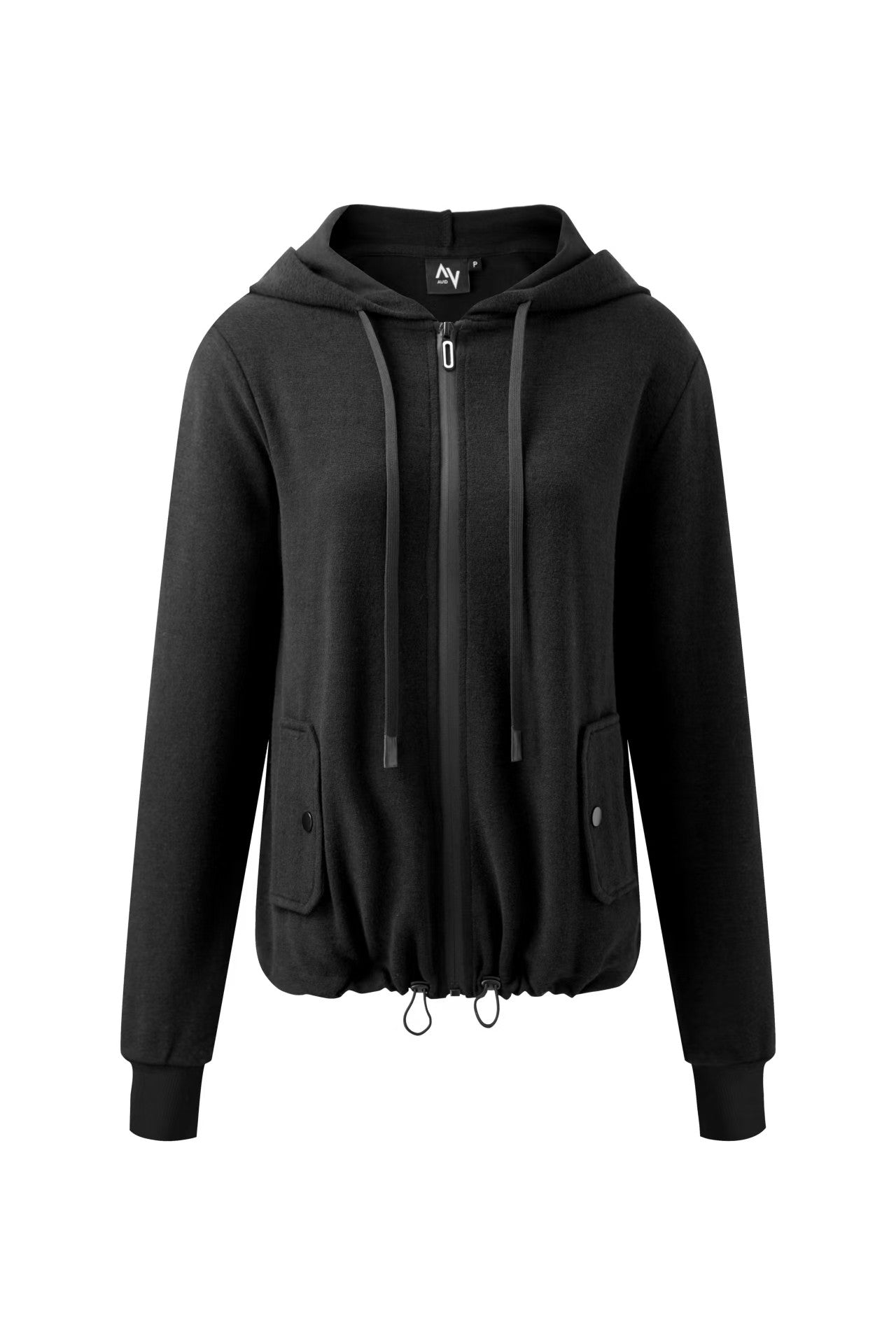 Black Terry Zip Hoodie with drawstring and pockets.