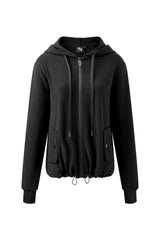 Black Terry Zip Hoodie with drawstring and pockets.