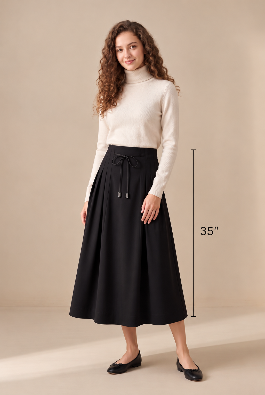 Black 35-inch drawstring maxi skirt with gathered waist and full A-line shape