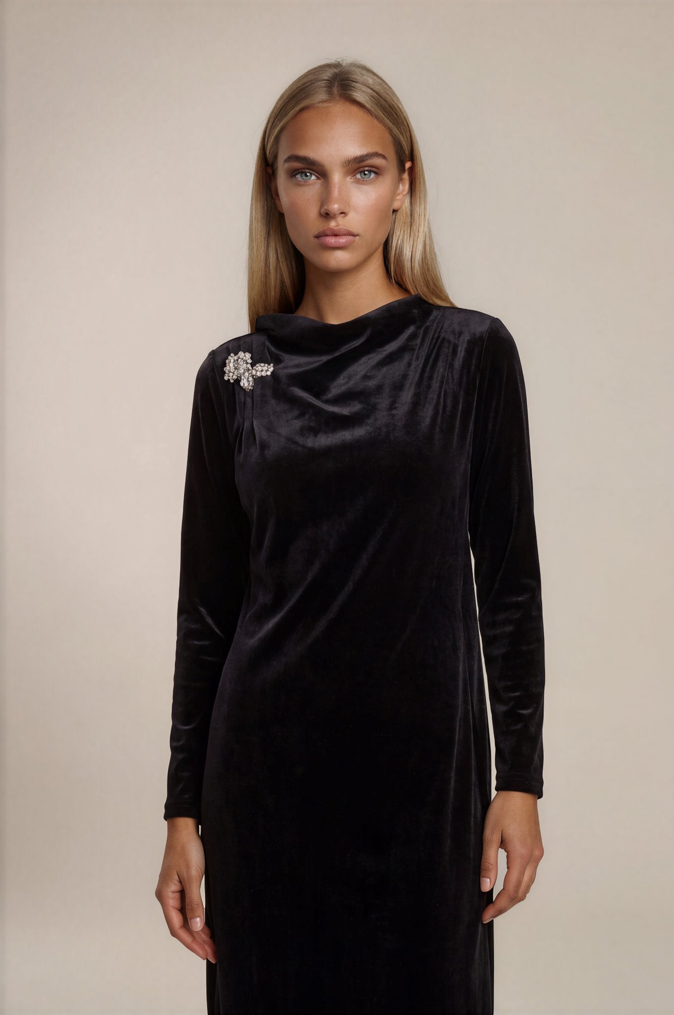 Black Velvet Crystal Brooch Maxi Dress