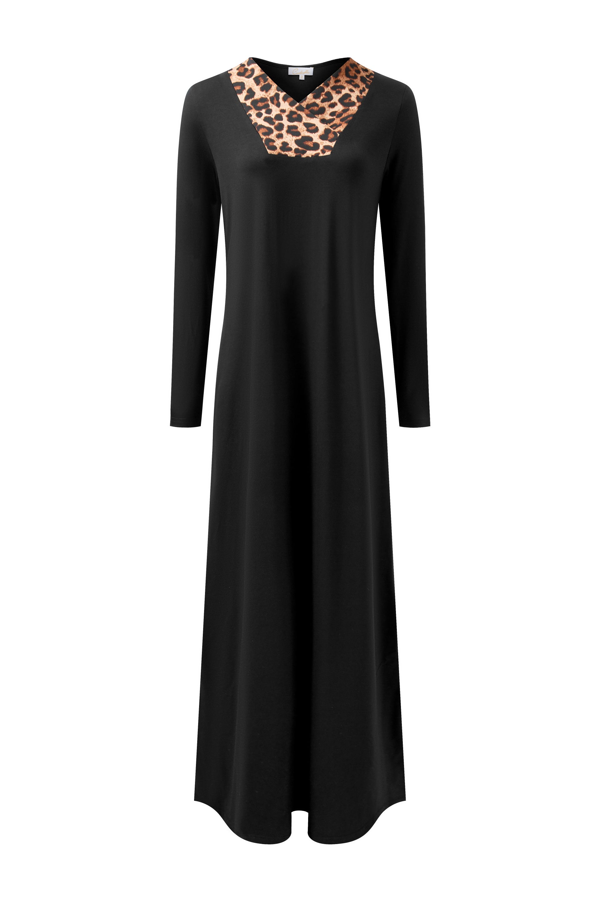 Black nightgown sleepwear with leopard print neckline