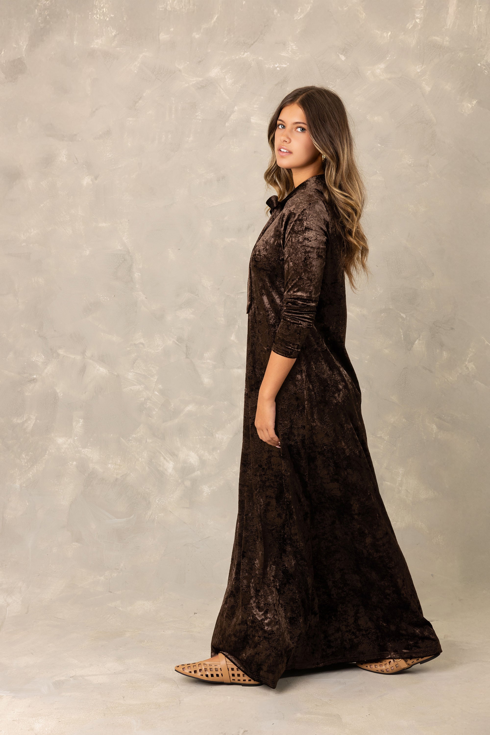 Brown Velvet Tie Neck Maxi Dress