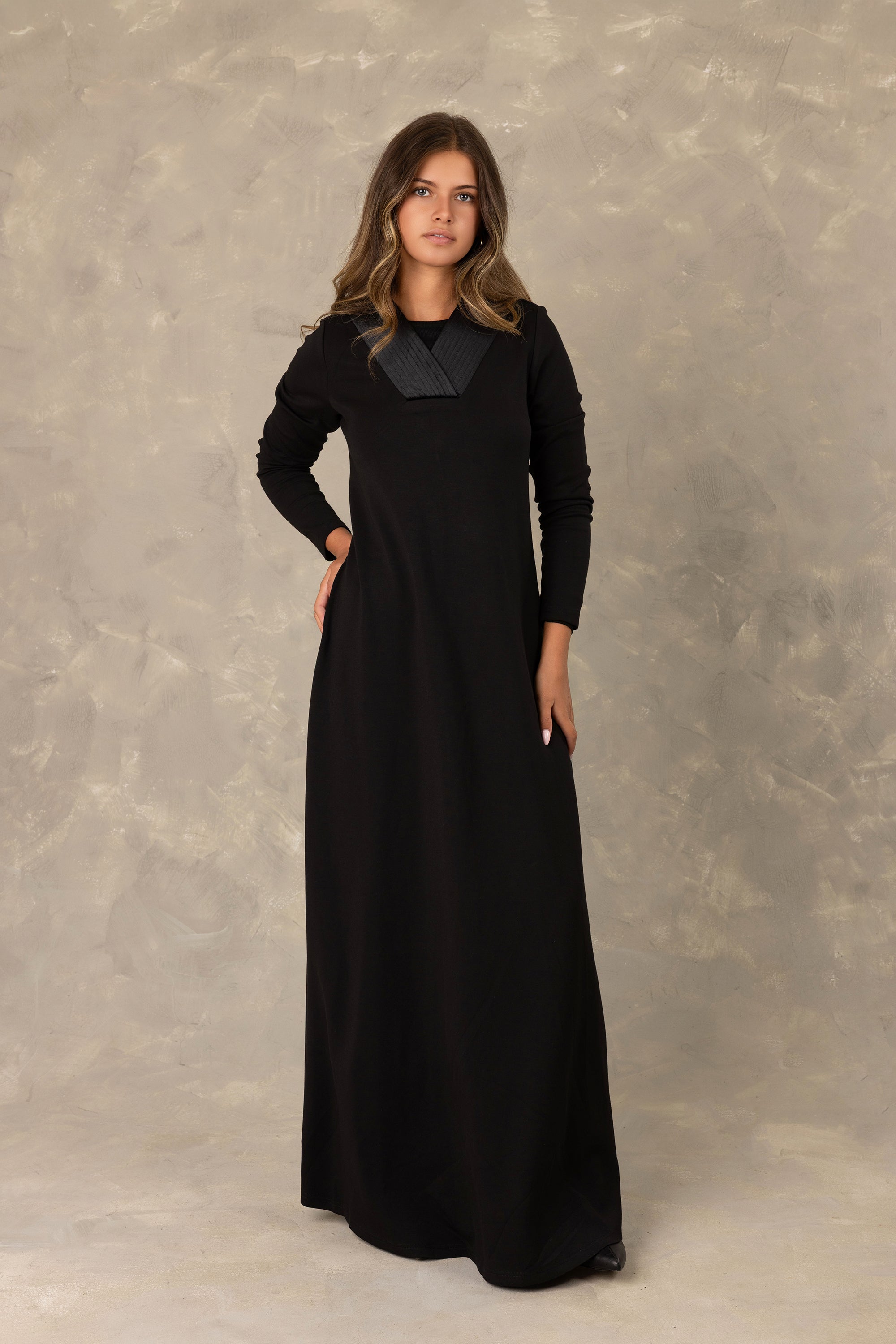 Black Pleated Collar Maxi Dress