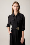 Rayon Maxi Shirt Dress With Enclosed Self Belt Black