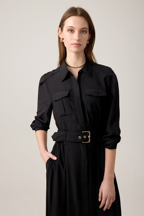 Rayon Maxi Shirt Dress With Enclosed Self Belt Black