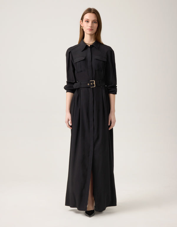 Rayon Maxi Shirt Dress With Enclosed Self Belt Black