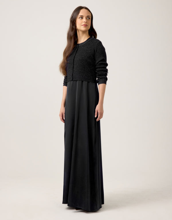 Cropped Ribbed Metallic Button Cardigan Black