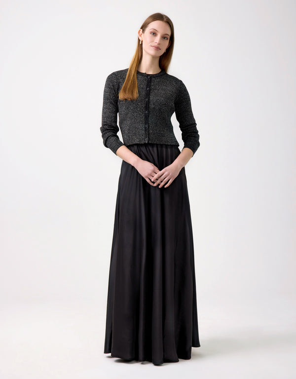 Cropped Ribbed Metallic Button Cardigan Silver