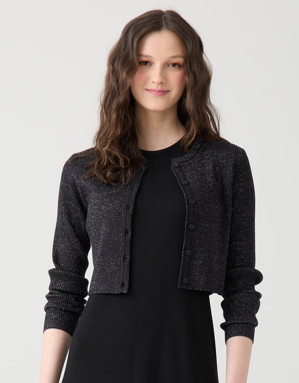 Cropped Ribbed Metallic Button Cardigan Black