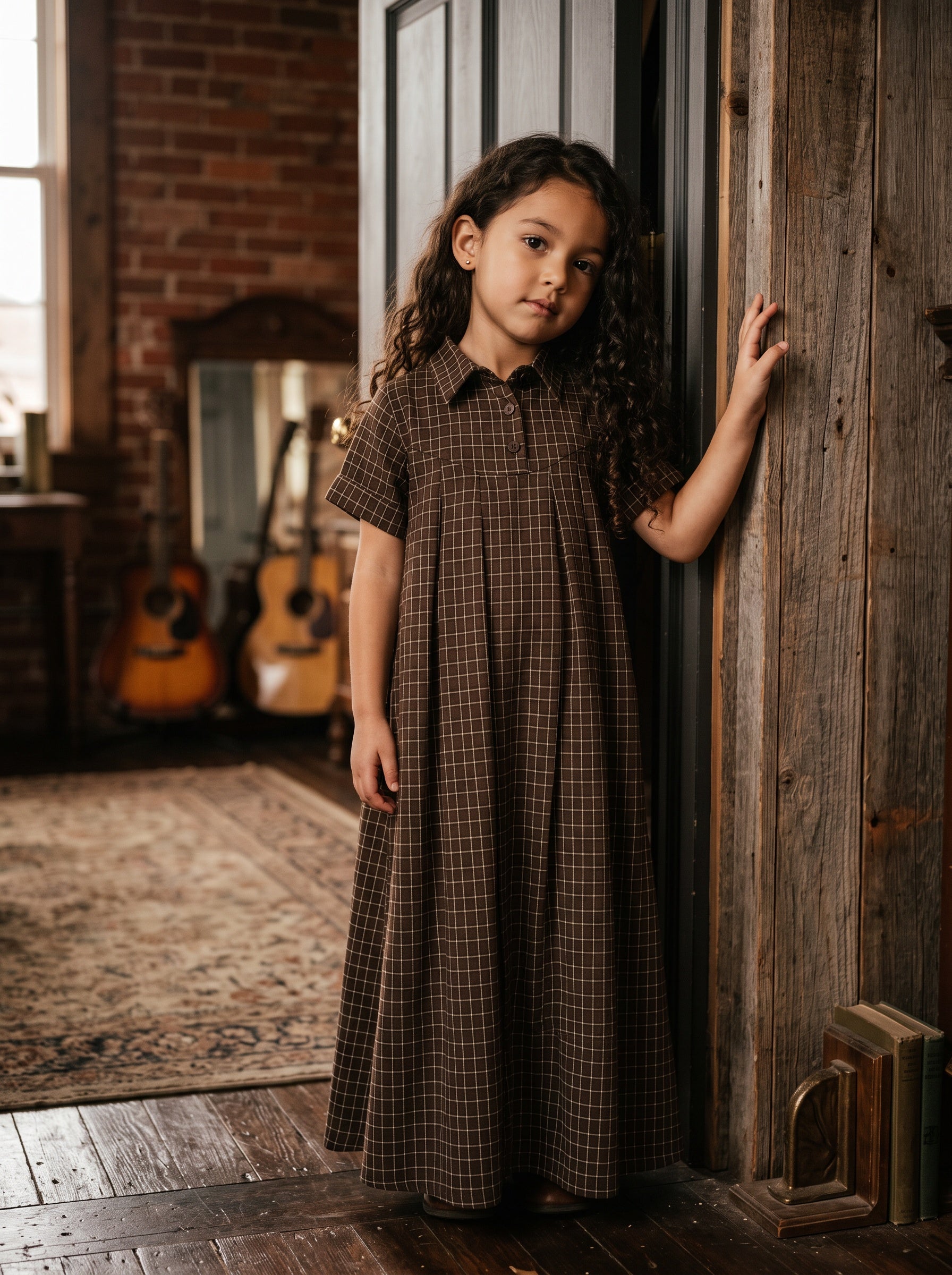 Brown Plaid Collared Maxi Dress