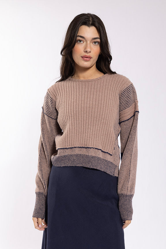 Ribbed Knit Sweater With Striped Sleeves And Raw Hem