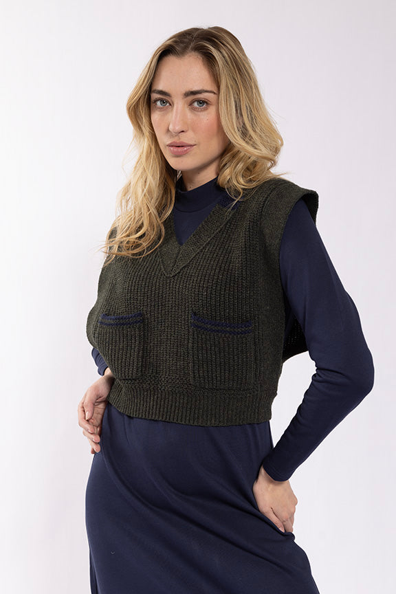 Olive Knit Vest With Front Pockets