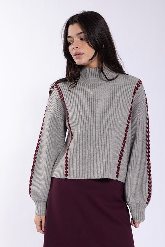 Gray Ribbed Sweater With Burgundy Stitch Detail