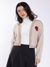 Striped Sand/White Cropped Cardigan With Red Heart Detail