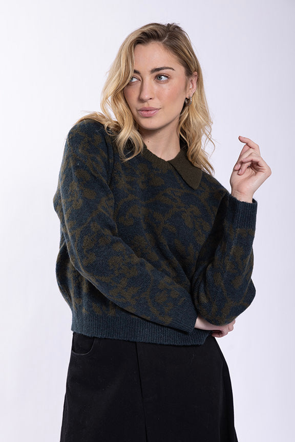 Dark Green Floral Knit Sweater