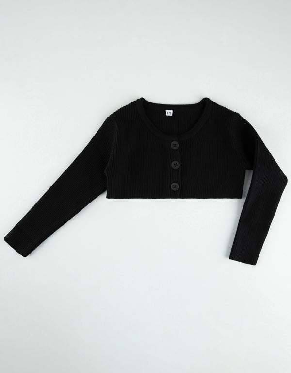 Kids Rib Knit Cropped Button Cardigan Black