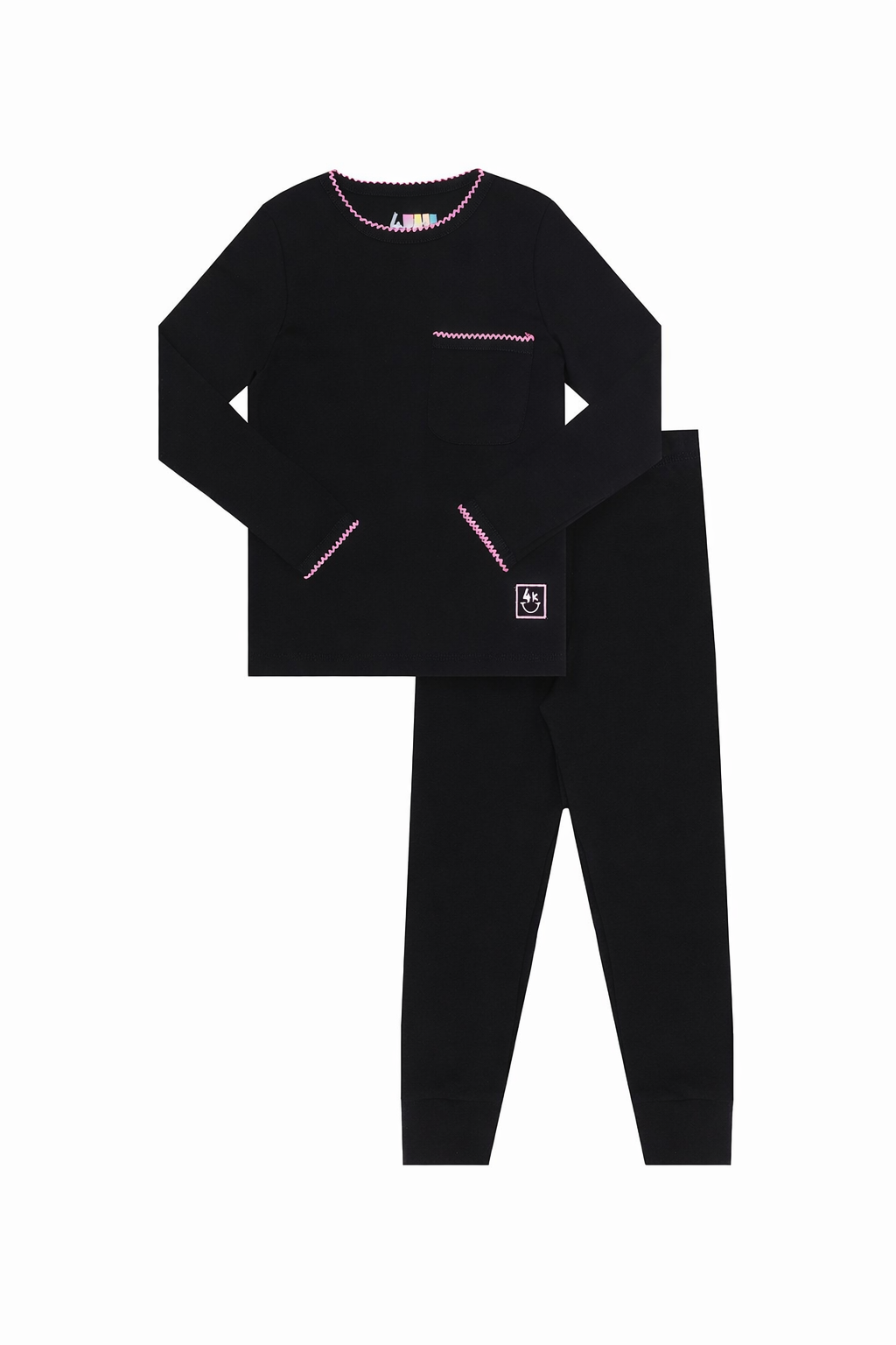 Pima Cotton Picot Trimmed Kids Pajamas Legging Playwear Set Black Pink