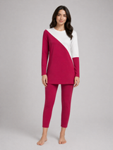 Diagonal Ivory Red Ribbed Tunic Set