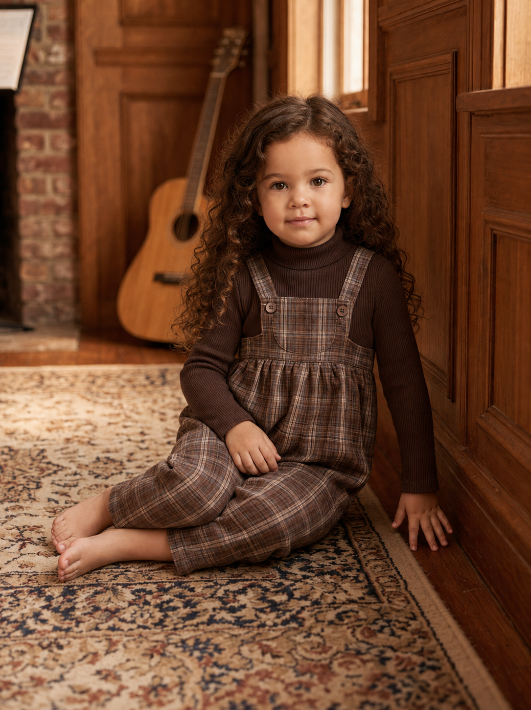 Brown Plaid Suspender Romper