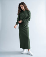 Olive green shawl-neck pullover with long sleeves and relaxed fit, front pocket