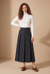 35" Navy Plaid Belted Pleated Maxi Skirt