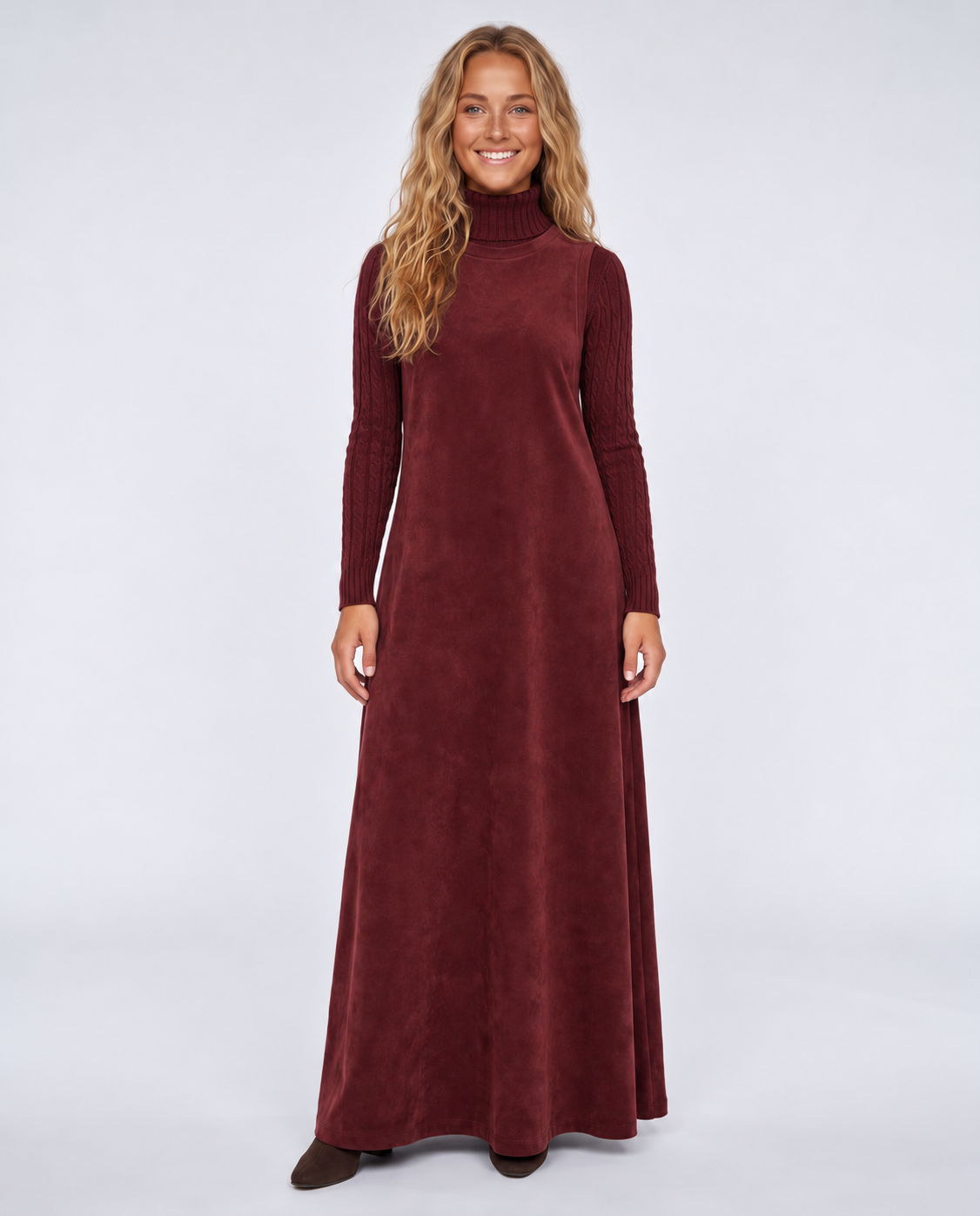 Burgundy suede sleeveless maxi jumper dress with round neckline.