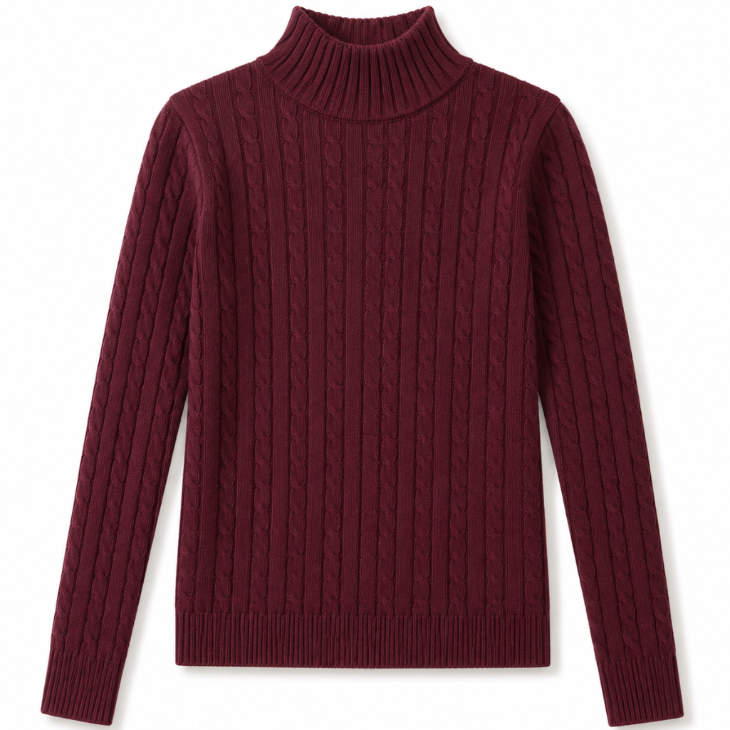 Burgundy Cable Knit Turtleneck Sweater