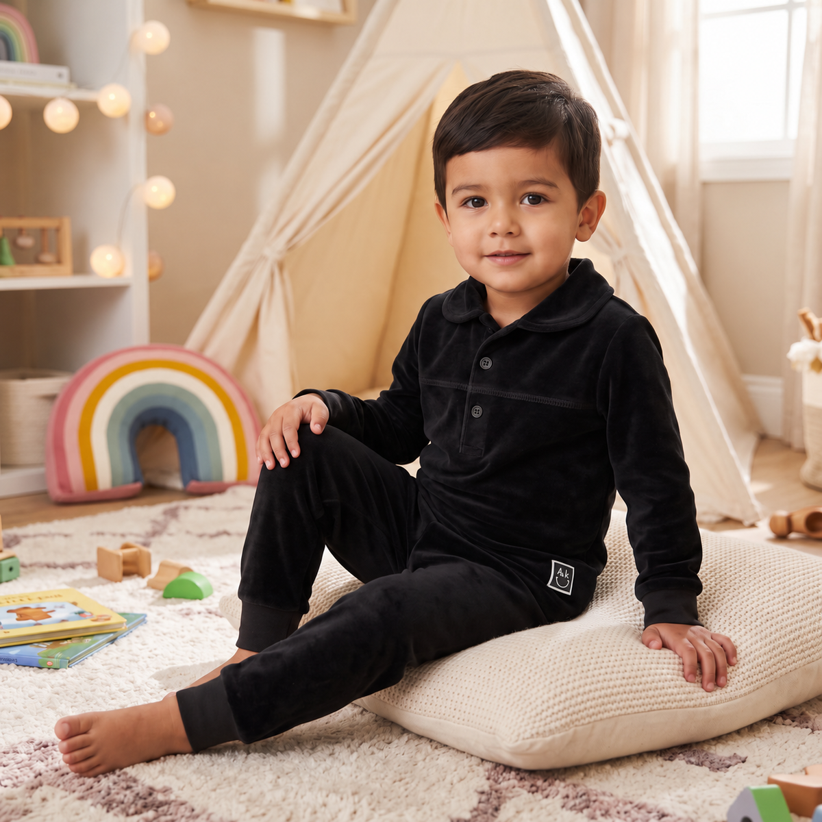 Black Velvet Polo 2-Piece Pajama Set