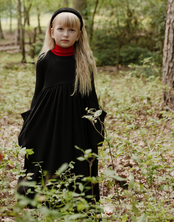 Girls Jersey Maxi Dress Shabbos Robe with Contrast Turtle Neck Black Red