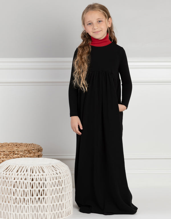 Girls Jersey Maxi Dress Shabbos Robe with Contrast Turtle Neck Black Red