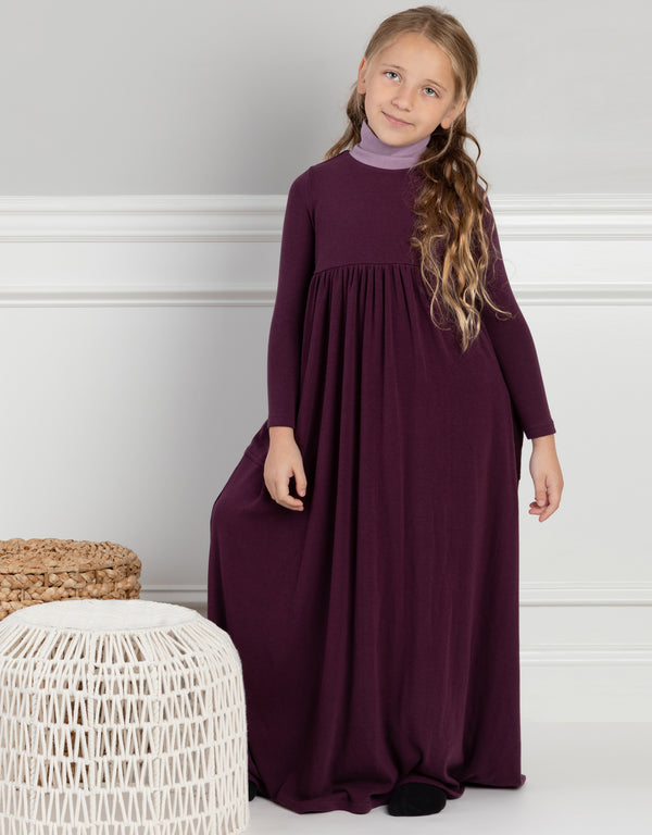 Girls Jersey Maxi Dress Shabbos Robe with Contrast Turtle Neck Purple Lilac
