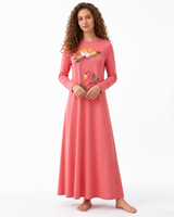 Pink long-sleeve nightgown with a floor-length skirt and floral print on the front