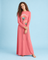 Pink long-sleeve nightgown with a floor-length skirt and whimsical flower print