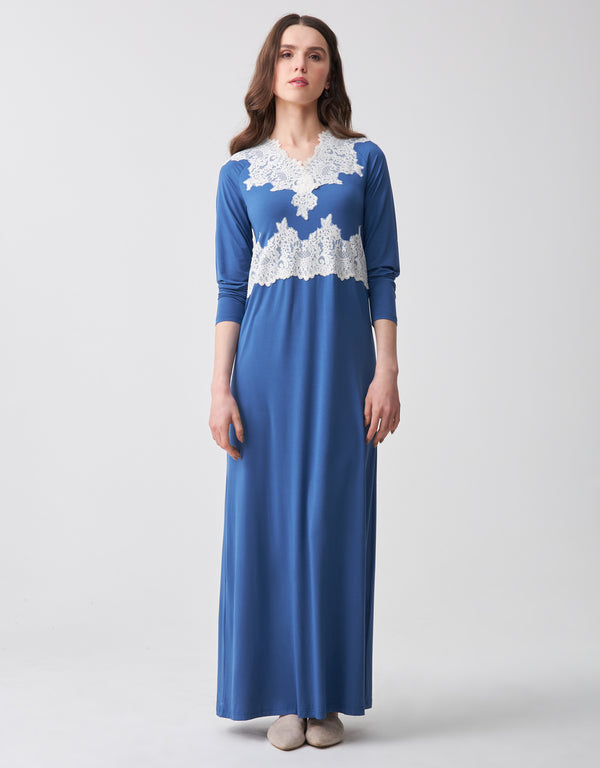 Lace Trimmed V-Neck Nightgown with Front Buttons Azure