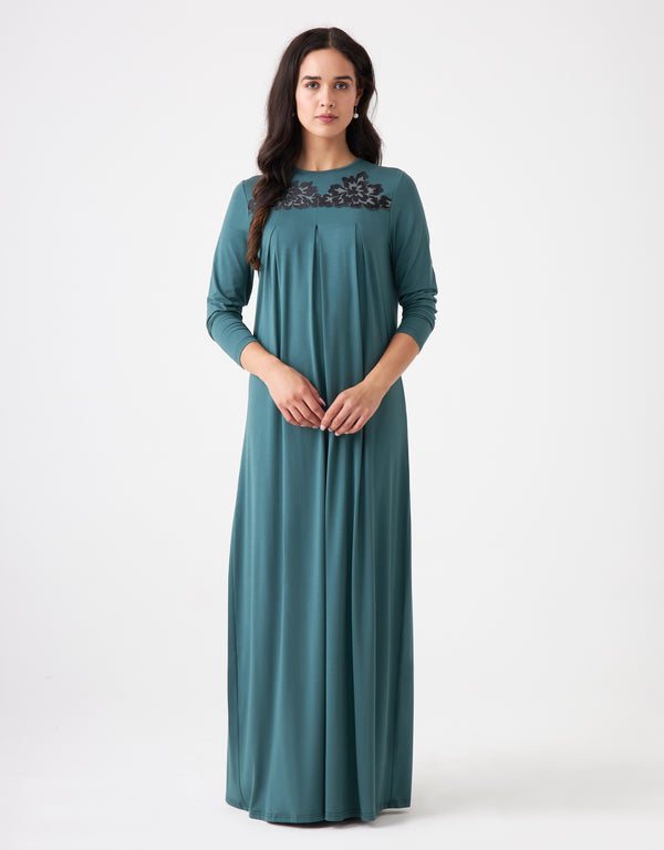 Pull On Lace Trimmed Pleated Nightgown Teal Green