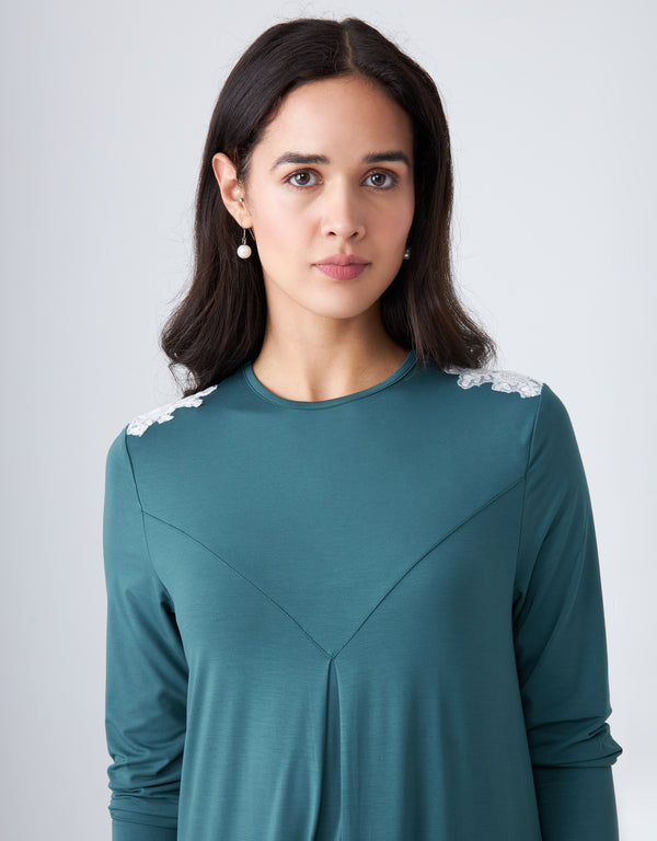 Pull On Lace Trimmed V-Cut Nightgown Teal Green