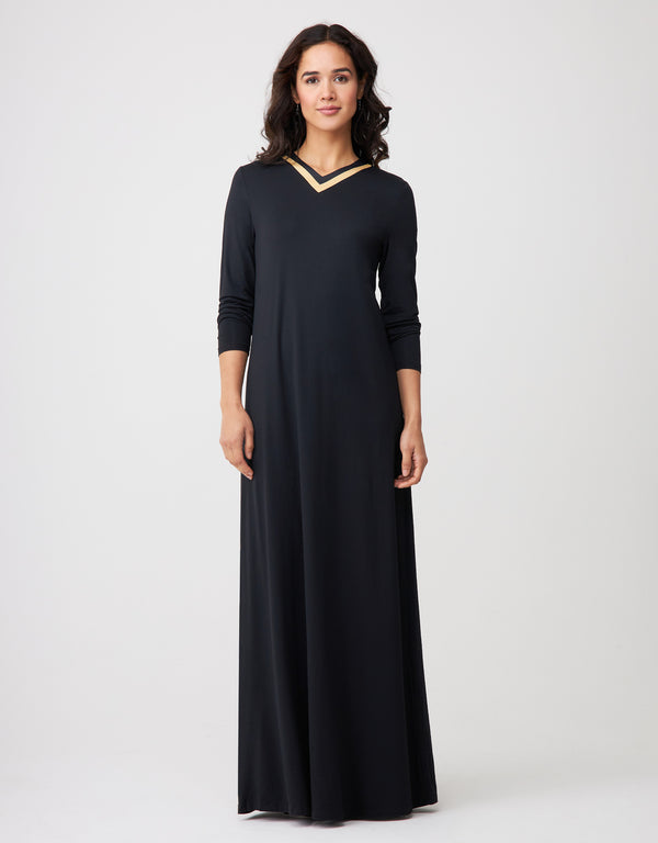 Pull On Nightgown with Satin Trimmed Vneck Black Gold