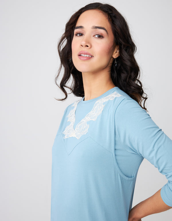 Layered Nursing Nightgown with Vneck Lace Soft Blue
