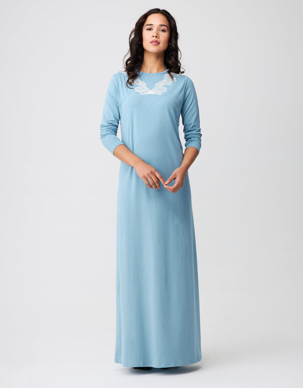 Layered Nursing Nightgown with Vneck Lace Soft Blue