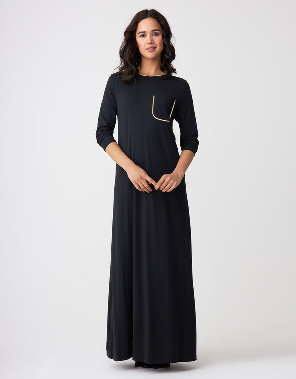 Satin Trimmed Nightgown with Pocket Black Gold