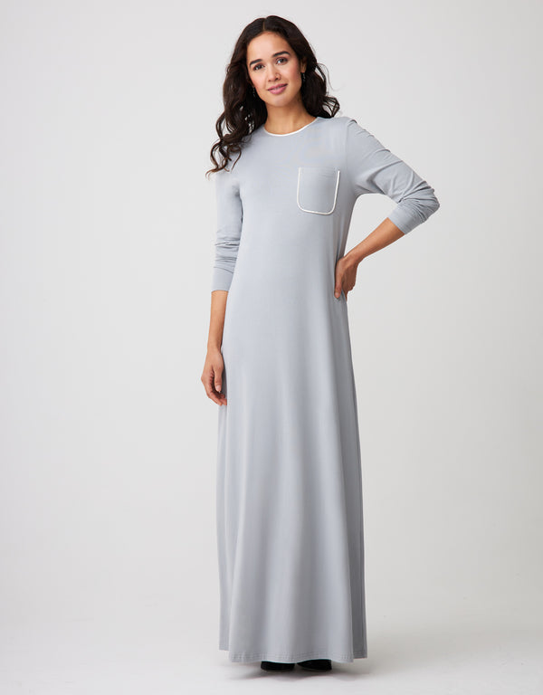 Satin Trimmed Nightgown with Pocket Gray Ivory