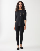 Satin Trimmed Soft Pajama Legging Set with Pocket Black