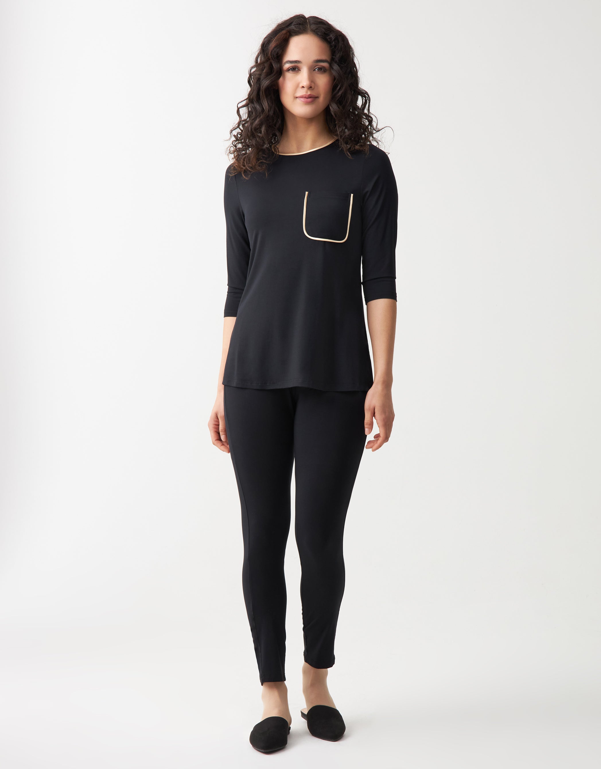 Satin Trimmed Soft Pajama Legging Set with Pocket Black