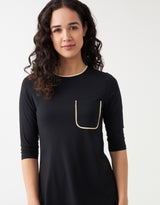 Satin Trimmed Soft Pajama Legging Set with Pocket Black