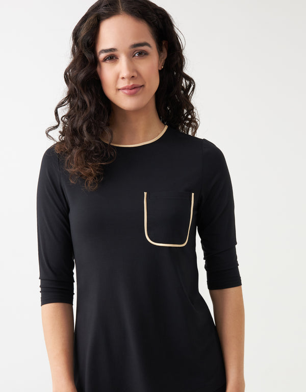 Satin Trimmed Soft Pajama Legging Set with Pocket Black