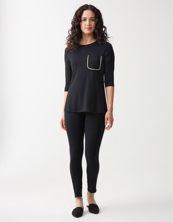 Satin Trimmed Soft Pajama Legging Set with Pocket Black