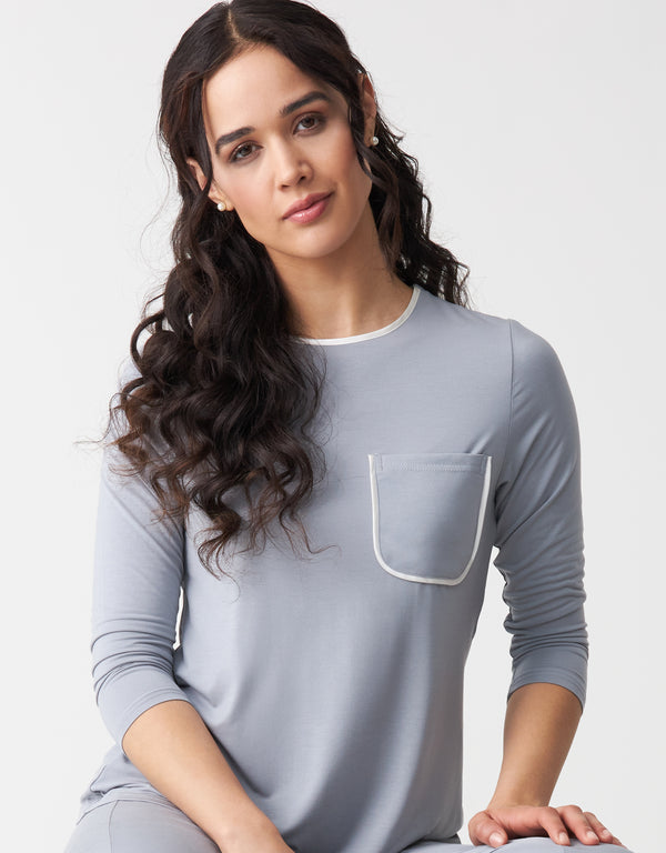 Satin Trimmed Soft Pajama Legging Set with Pocket Gray